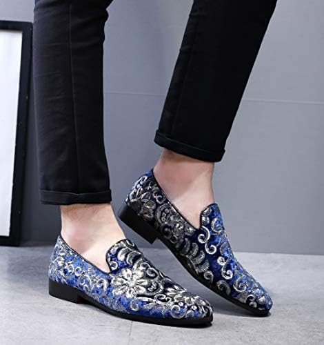 Santimon Mens Loafers Velvet Sequins Embroidered Smoking Slippers Dress Shoes Wedding Moccasins Slip-on Flats Blue 11 D(M) US | Image 6