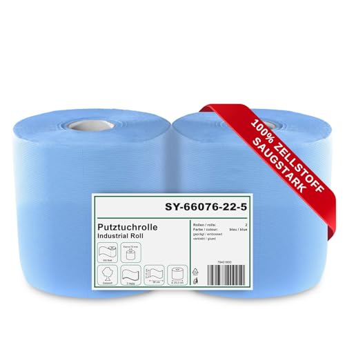 2 x blaue saugstarke Papierrolle, 1000 Blatt, 22x36 cm | 2-lagige perforierte Papiertücher | Putztuchrolle für Industrie, Werkstatt und Restaurant | Durchmesser 25 cm
