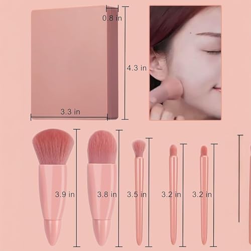 Image of Travel Makeup Brush Set 5 Pieces with Mirror & 2 Pink Makeup sponges - Mini Portable Cosmetic Brushes Kit for Face Eye Foundation , For Eyeshadow And Easy Blending - Compact Beauty Tools ( pack of 7 )