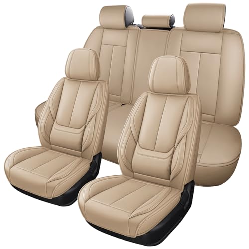 Image of MINGBRON Car Seat Covers Full Set,Black Beige Car Seat Cover, Car Seat Protector Waterproof, Nappa Leather Car Seat Cushion, Fit for Most Cars