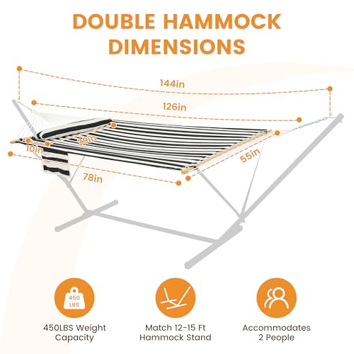 Lazy Daze Hammocks 10.5FT 2 Person Double Quilted Fabric Hammock with Spreader Bar, Detachable Pillow, Side Pocket, Carabiners, Chains, Straps for Outdoor, 450lbs Capacity, Black White Stripes by Lazy Daze Hammocks - Used condition - Image 2