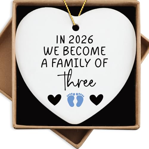 First Time Dad Mom Gift in 2026 We Become a Family of Three Ornament Keepsake Sign Heart Plaque New Parents Gifts for Couples Baby Announcements Ideas Gender Reveal Gifts Blue