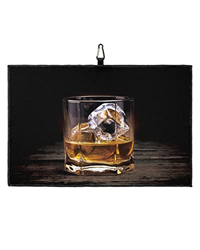 Microfiber Waffle Golf Towel, Wine Cups Whisky With Ice Vintage Wood Background Golf Accessories, Wet And Dry Amphibian Golf Towel With Carabiner Clip For Golf Bag, Club, Sports, 24” X 16” #TOP3