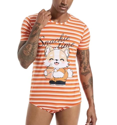 Men's Short Sleeve One Piece Jumpsuit Pajamas Bodysuit Stripe Onesie Print Sleepwear4