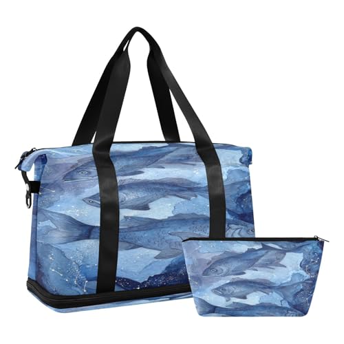 Blue Fish Travel Duffel Bag for Women Men Gym Bag with Shoe Compartment Wet Pocket Carry On Weekender Overnight Bags for Travel Weekend Getaway2