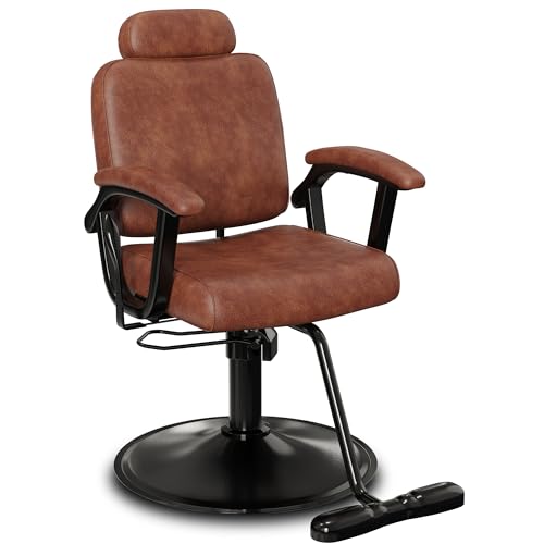 Baasha Premium Brown Reclining Salon Chair with Removable Headrest, All-Purpose Hydraulic Barber Chair, Soft PU Leather, 360° Swivel, 135° Recline, Heavy-Duty Steel Frame, 330 lbs Capacity