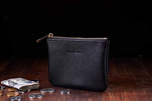 Image of Chelmon Leather Coin Purse Pouch Change Purse With Zipper For Men Women (CH Black)