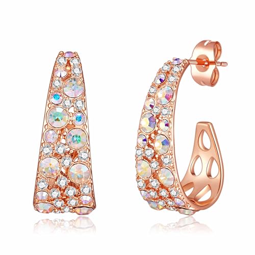 EVEVIC Stunning Multicolor Austrian Crystal Chunky Hoop Earrings for Women 14K Gold Plated Hypoallergenic Half Hoop Earring Trendy Jewelry Gift