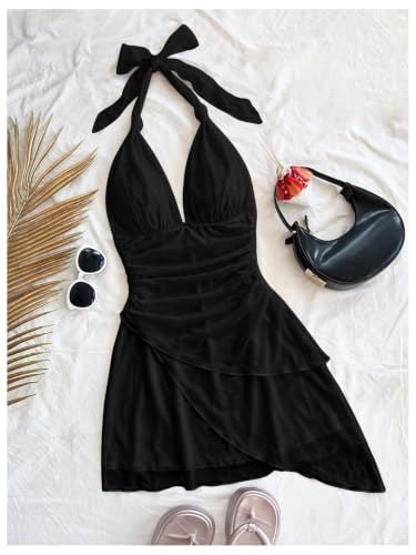 Image of SOLY HUX Women's Y2K Summer Beach Halter Mini Dress | Retro Floral Dress, V Neck, Backless, Club Nightout, Sexy Going Out Clothes, Birthday Dress