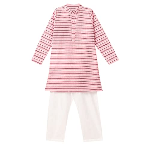 Image of Hopscotch Boys Cotton Stripe Print Kurta Pajama Set In Pink Colour