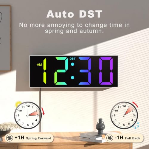 Image of JALL 12 inch Large Digital Wall Clock, Big LED Number Dispaly, RGB Colors, DST, Night Light for Classroom Living Room Bedroom Mounted Birthday Xmas Gift for Senior, Mem Womem (A White Shell, 12 inches)