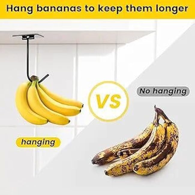 Banana Hanger, Banana Hook Under Cabinet or Counter, Foldabe Banana Holder Self adhensive, Flat Metal & Smooth Surface - Easier Hanging Banana Buns, Magnetic Utility Hooks Fold-Up at Non-use