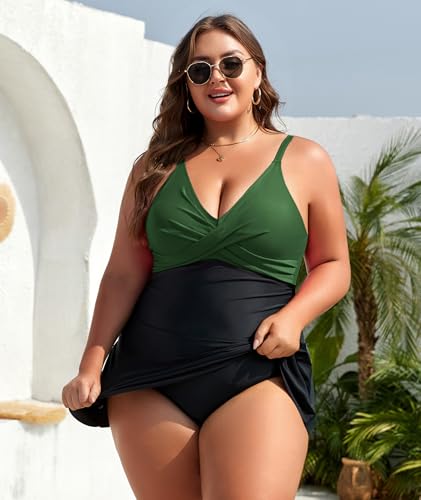Women Plus Size Swim Dress Tummy Control One Piece Swimsuit V Neck Wrap Full Coverage Bathing Suit Cute Tie Knot4