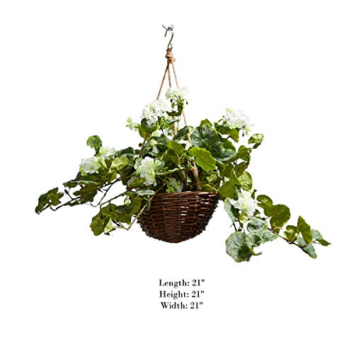 Pure Garden Faux Flowers – Geranium Hanging Natural And Lifelike Floral Arrangement With Basket For Home Or Office (White) #TOP1