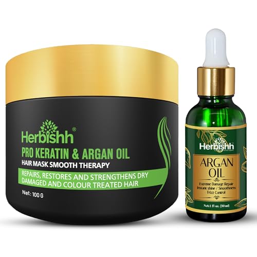Image of Herbishh Argan Oil & Hair Mask Combo For Deep Conditioning Treatment Argan Oil for Hair Repair & Frizz Control (30ml) & Argan Hair Mask for Hydration (100 g), Sulfate & Paraben Free