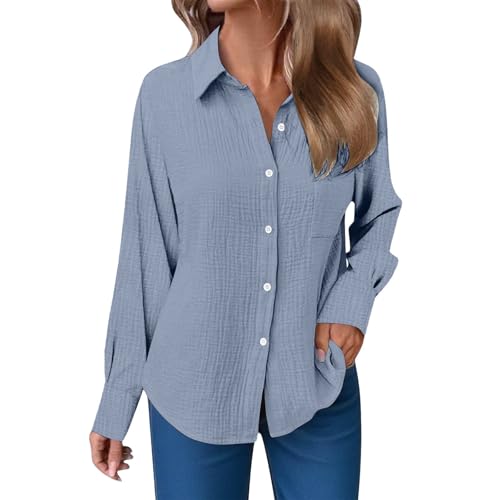 Musselin Bluse Damen V-Ausschnitt Langarm Elegant Baumwolle...