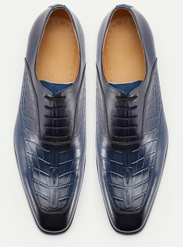 Santimon Mens Elegant Blue Oxfords Leather Dress Shoes - Formal Lace-Up with Crocodile Texture Derby for Business, Weddings & Special Events4