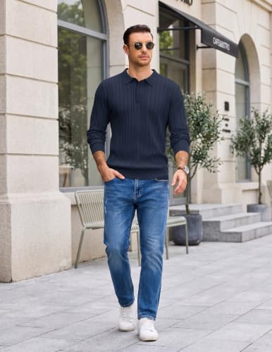 Camisetas Polo de Manga Larga para Hombre COOFANDY, suaves y ligeras, tejido texturizado, cuello ribeteado, ajuste slim, estilo casual y elegante miniatura 5