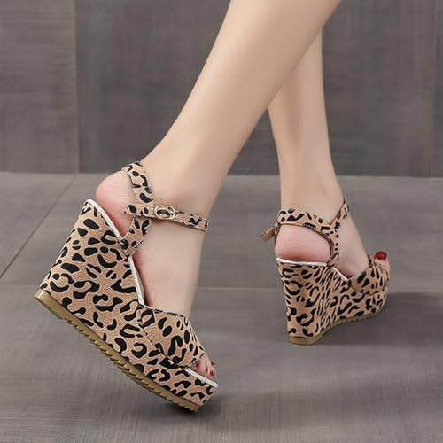 Women's Leopard Open Toe Buckle Ankle Strap Platform Wedge Sandals Summer Comfortable Shoe Low Heel Dressy Sandals2