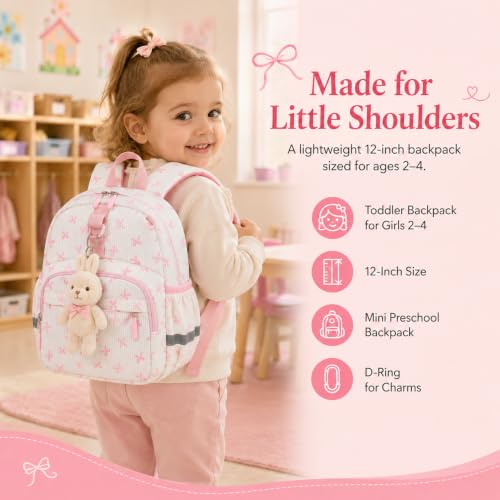 Image of LOIDOU Toddler Backpack for Girls Ages 2-4, 12 Inch Mini Preschool Daycare Bookbag with Insulated Snack Pocket, Corduroy Small Kids Travel Backpack, Pink Small Bow