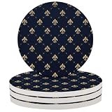 JXDXHCW Juego de 4 posavasos de cerámica absorbente con base de corcho, diseño de flor de lis de oro azul marino, posavasos redondos para el hogar, cocina, bar, 10 cm