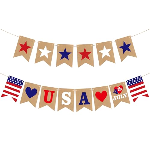 Image of 4th of July Banner Decorations, Fourth of July Patriotic Banner Decorations, Red White and Blue Decor for Independence Day, Home Party Mantel Fireplace Supplies