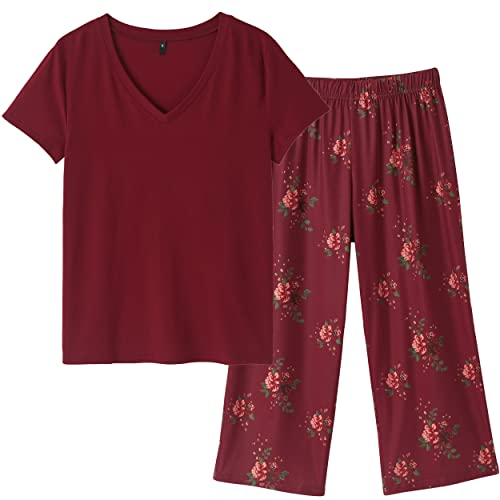 Image of Vozanet Women's Pajamas Set Soft V Neck Sleepwear Top and Capri Pj Lounge Sets Cartoon Heart Shape Cat Nighty Plus Size