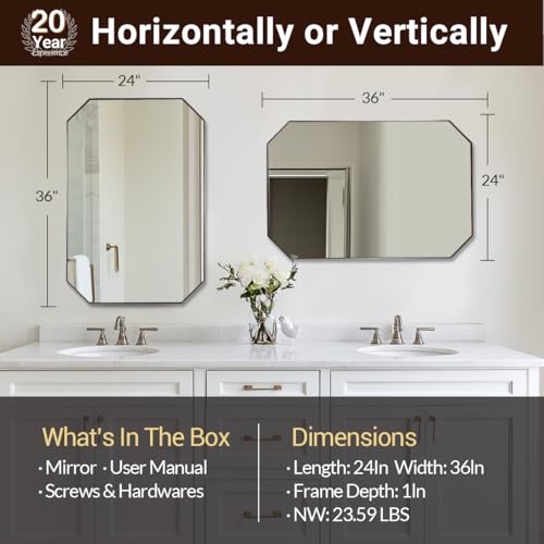 Image of ANDY STAR Brushed Nickel Octagon Bathroom Mirror, 24x36 Inch Stainless Steel Metal Frame, Anti-Rust, Shatterproof HD Glass, Wall Mounted for Bathroom, Bedroom, Living Room