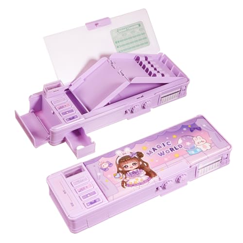 Humyoun Estojo multifuncional para meninas, organizador de canetas de desenho animado fofo com trava de senha, apontador, agenda, presentes de papelaria de aniversário de Natal para crianças (roxo