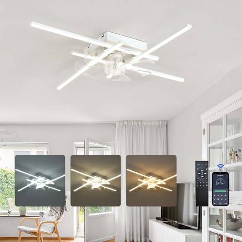 YFHKWJ 85CM Blanco Moderna Lámpara Ventilador Techo LED 24W Dimmable, 6 Velocidades Motor DC, Temporizador Ventilador De Techo Con Luz Y Mando A Distancia Para Dormitorio Salón Comedor (White)