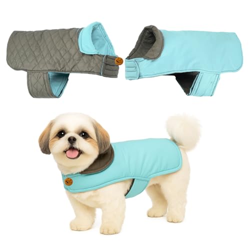 Image of Sage Square Double-Sided Quilted Dog Jacket - Weather-Resistant, Lightweight, Waterproof, Designed for Comfort & Warmth, Adjustable Fit, Perfect for Indoors or Outdoors (Quilt Sky Blue, XS - 12 Inch)