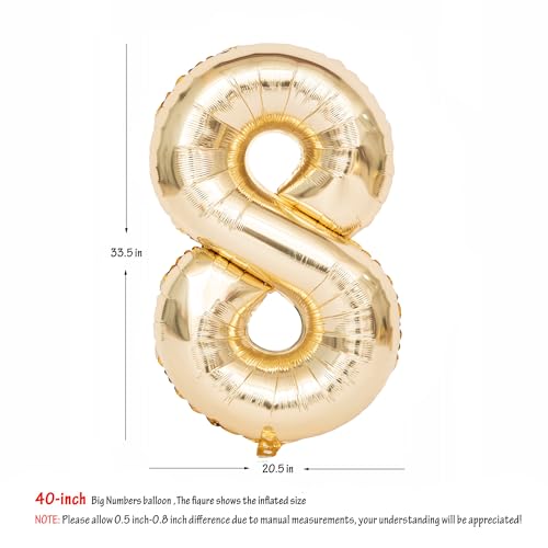 Image of 40 Inch Light Gold 8 Number Balloons Large Champagne Gold Number | White Gold Giant 8 Foil Mylar Helium Digital Balloon for 8th or 8st Anniversary Party Decorations Supplies