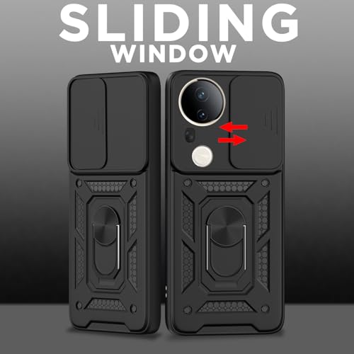 Image of Pikkme Back Cover for Vivo T4 Ultra 5G | D10 Tough Armor | 360 Protection Case | Sliding Camera Shield Cover & Ring Holder Stand Bumper Case (Black)