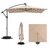 COSTWAY Parasol Déporté 2,5 x 2,5 m, 32 LED Solaire, Parasol de Jardin Extérieur Carré Rotation à 360°, Anti UV, Manivelle, 8 Baleines, 2 Sacs de Sable, pour Balcon Jardin Terrasse (Marron)