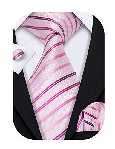 Barry.Wang Stripe Men Ties Set Classic WOVEN Necktie with Handkerchief Cufflinks Formal Pink