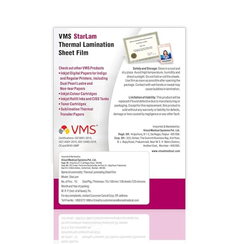 Image of VMS Starlam Thermal Lamination Pouch 70x100mm 125 Micron - Pack of 2 (200 Sheets) for Id Card