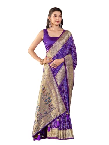 MANOHARI Purple Patola Satin Silk Saree with Woven Zari Border & Tassels_MN2179