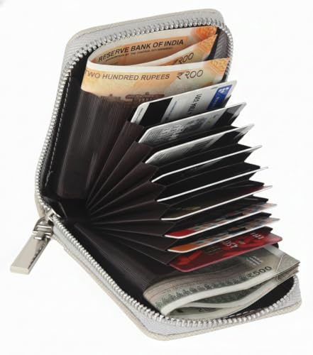 Image of NAPA HIDE Slim Zipper Card Holder Wallet for Men & Women | RFID Blocking Accordion Credit Card Case | Compact Cash & Card Organizer with Smooth Metal Zip (L.Grey)