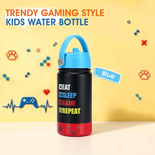 Image of Kids Insulated Water Bottle with Straw Lid, 14oz Double Wall Vacuum Stainless Steel Tumbler, Leak Proof Reusable Metal School Cup for Boys Girls, Keep Cold 24H Hot 12H (Blue-Red-EAT)