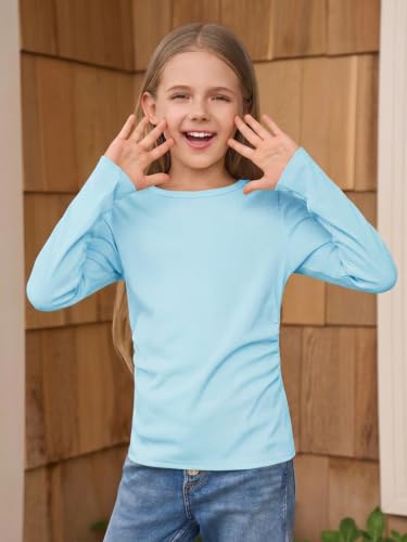 Image of Haloumoning Girls Long Sleeve Shirts Crewneck Ruched Side Slim Fit Tops Ribbed Knit Casual Tee Shirt 4-15 Years