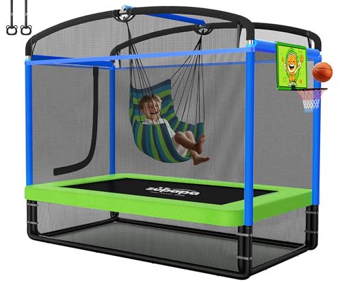 Zupapa 5 in 1 Rectangle Kids Trampoline 6FT with Hammock Chair, Basketball Hoop, and Safety Net - Indoor/Outdoor Heavy-Duty Square Trampoline for Toddlers Ages 3-6, 220LBS Capacity