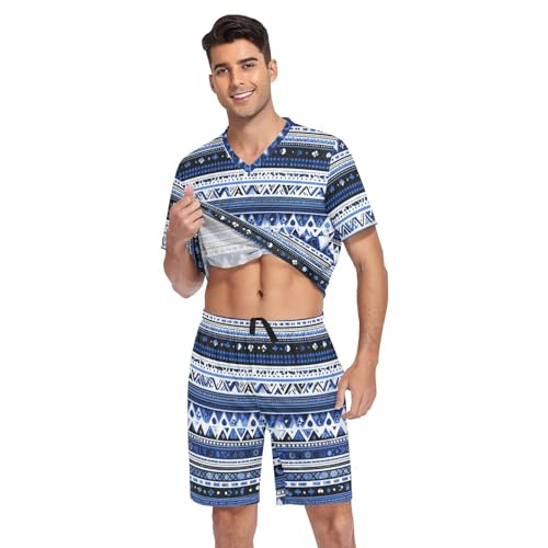 Blue Aztec Men’s Pajama Sets 2 Piece Short Sleeve Sleepwear with Printed Design3