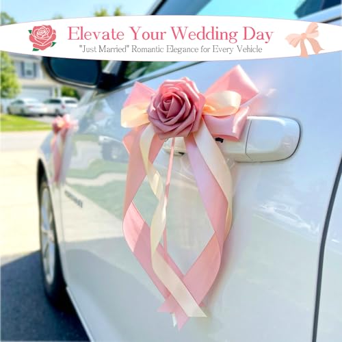 Image of 6PCS Wedding Car Door Handle Decorative Flowers, White Artificial Cars Bouquet Flower Bowknot Ribbon Decor, Just Married Automotive Decorations Accessories for Door Handles(Pink)