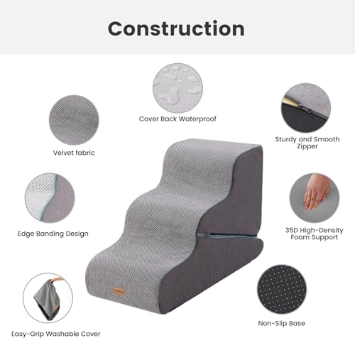Image of Gardner Pet Dog Stairs for Small Dogs 22.4 inch H, Large 2 in 1 Transformable 3-Step Pet Stairs and ramp, Dog Steps for High Bed (22-27 inch) with Non-Slip Waterproof Cover CertiPUR-US Certified Foam, Grey