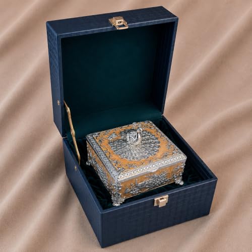 Image of Diviniti Silver Plated Peacock Decorative Box with Premium Gift Box | Luxury Multipurpose Storage Box for Home Decor, Sweets & Corporate Gifting (Gold /Orange)