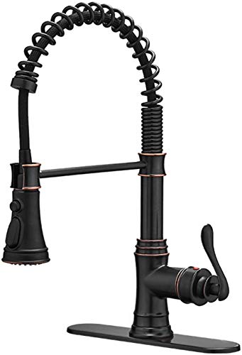 Homevacious Kitchen Sink Faucet Oil Rubbed Bronze with Deck Plate High Arc Single Handle Singe Lever with Pull Down Sprayer Spring Kitchen Faucet 3 Function Lead-Free Bar Kitchen Faucets
