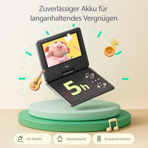 9,5\ Tragbarer DVD-Player für Kinder im Auto mit 7,5\ HD-Schwenkbildschirm, Stereo-Lautsprechern, 6 Stunden Akkulaufzeit, Sync-TV/USB/SD-Karte-Unterstützung [Kein Blu-ray Support]