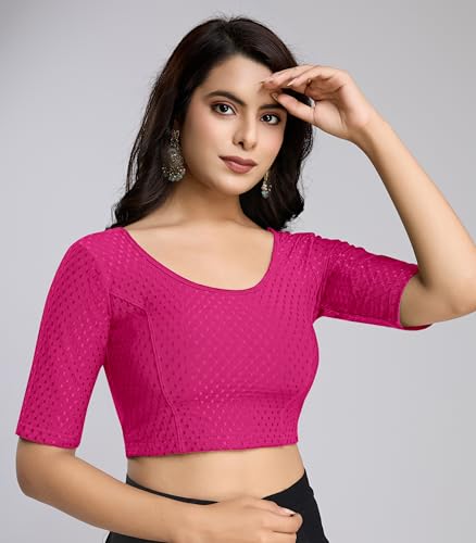 Image of TRENDMALLS Women's Dobby Pure Cotton Elastin Stretchable Readymade Round Neck Elbow Length Sleeves Blouse Choli Stylish Saree Blouse Ready to Wear