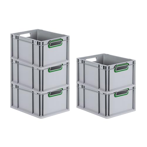 PROREGAL SET SUPER ÉCONOMIQUE 5x Bac Euro NextGen Color | HxLxP 22x30x40cm | 20 litres | Poignées vertes ouvertes | Fond lisse | Eurobox, empilables