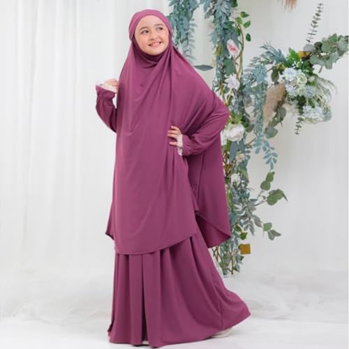 Image of Kids Girls Muslim Islamic Two-piece Outfits Lace Long Sleeve Hijab Dress Abaya and Loose Skirt Full Cover Kaftan